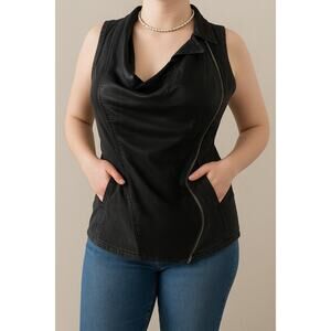 HELMUT LANG Asymmetric Cowl Top Lamb Leather Denim Vest Size Small S BIKER